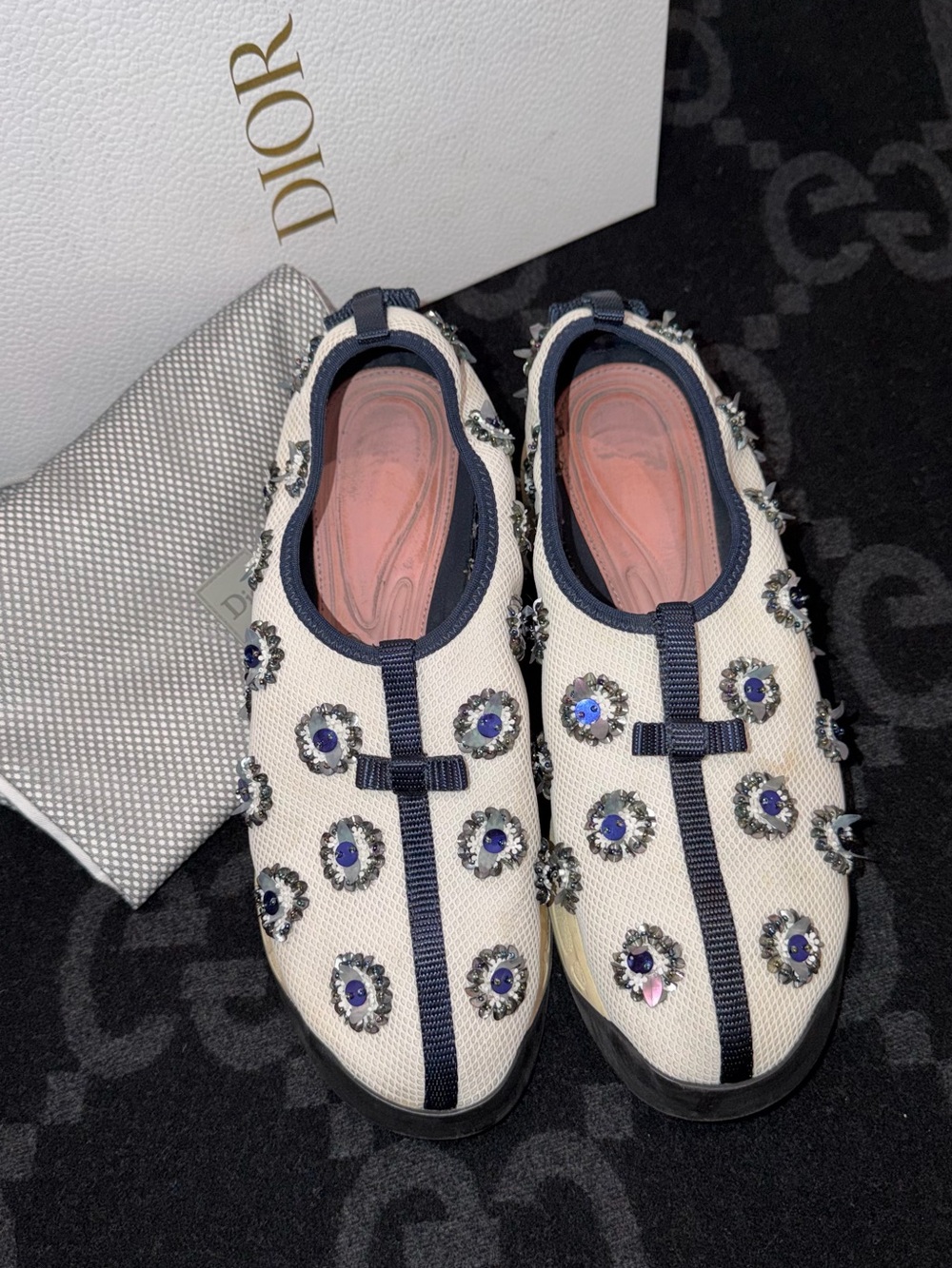 Dior Ivory Fusion Slip-On Embellished Sneakers with Navy Trim